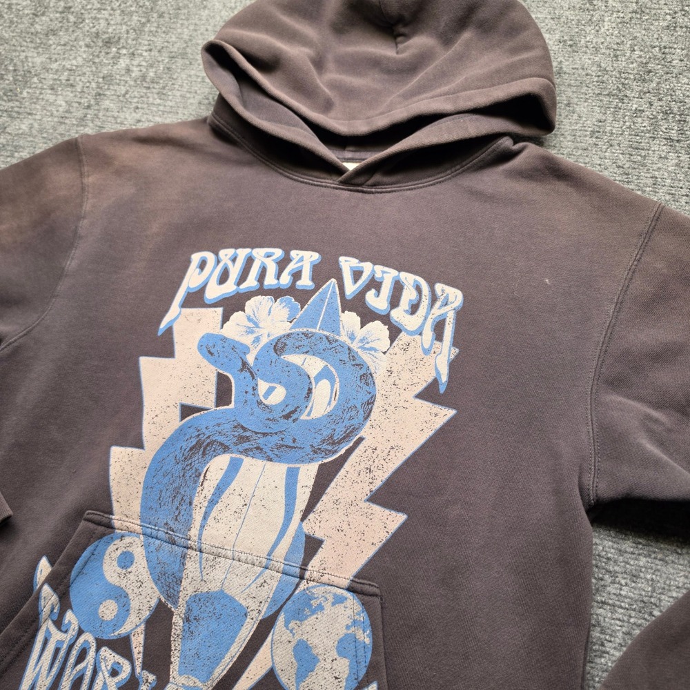 Pura Vida World Tour Graphic Hoodie Gray Snake Surfboard XS Super Petite